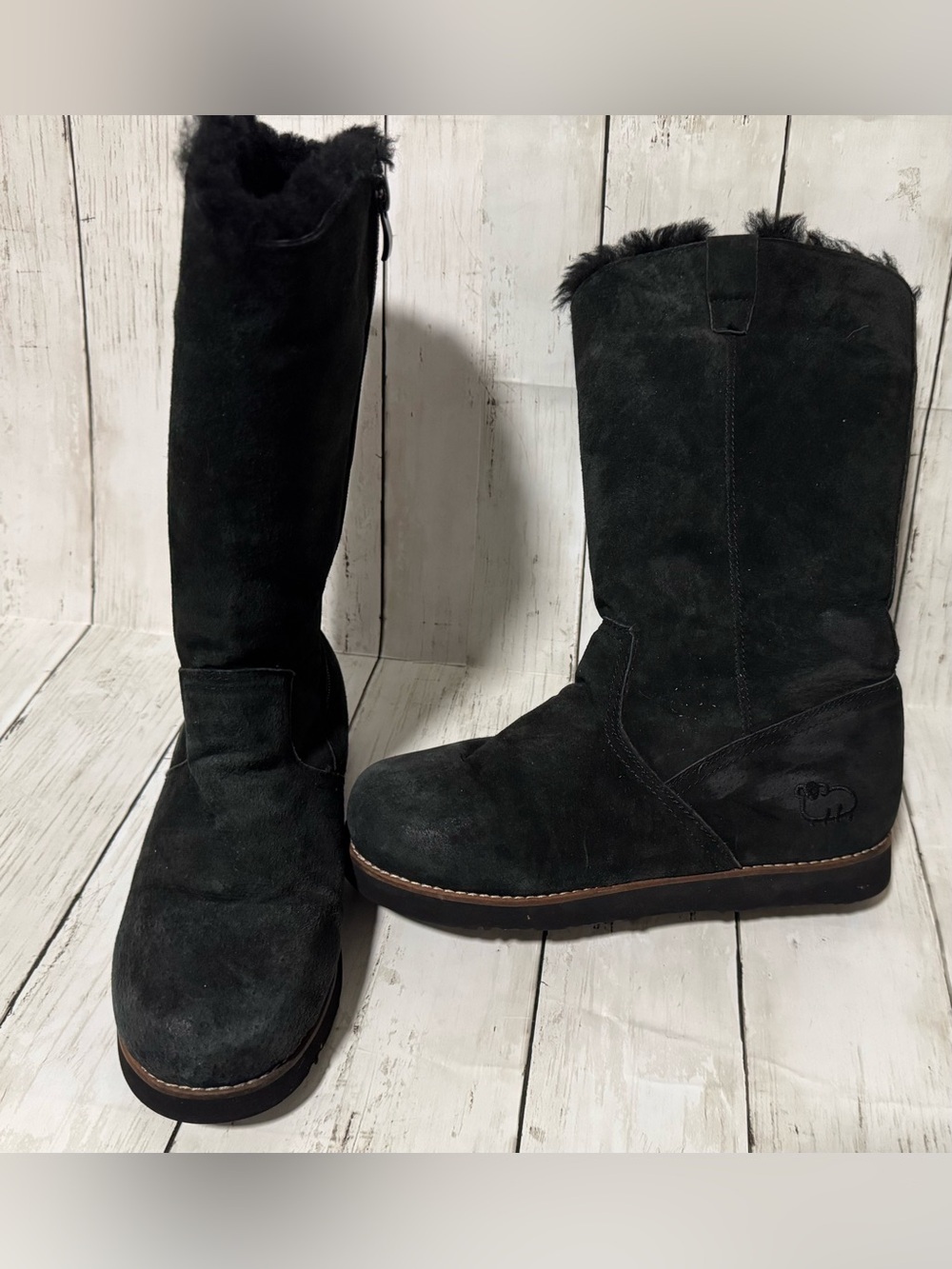 Lamo Black Suede Sheepskin Fur Lined Mid-Calf Winter Boots Women’s Zip